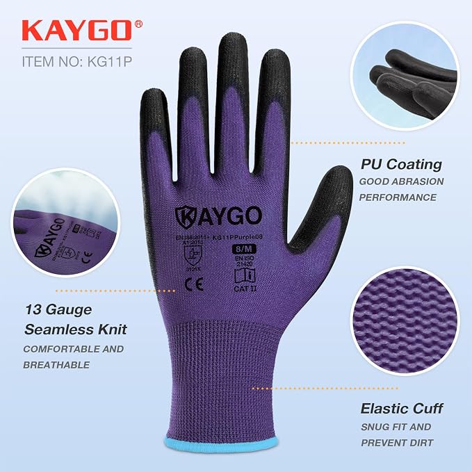 KAYGO Work Gloves for Men and Women,12 Pairs Seamless Knit PU Coated Safety Gloves, with Smooth Grip on Palm and Fingers, Ideal for Light Warehouse, Manufacturing, Gardening, KG11P (S, Purple)