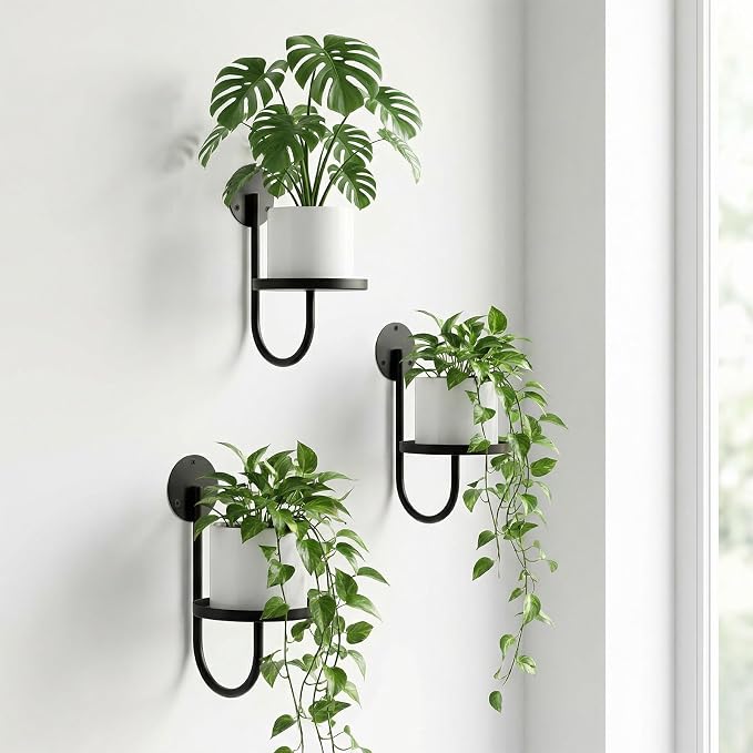 3 Pcs Wall Planters for Indoor Plants, Wall Mounted Plant Holder, Metal Plant Floating Decor Shelves, Space Saving, Walls Hanging Decor for Bedroom, Living Room, Kitchen, Office, Bathroom