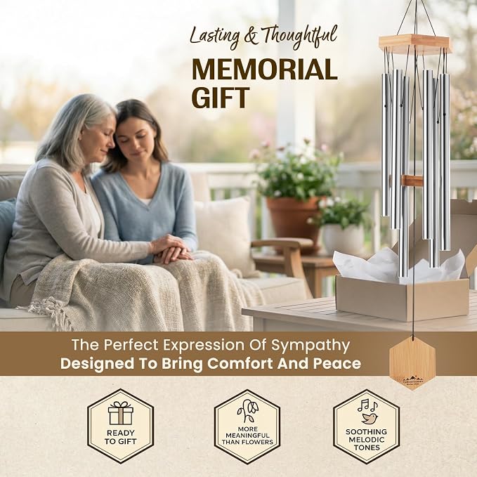 Silver Wind Chimes for Outside, 29 Inch Hand Tuned G Major Pentatonic Wind Chime, Memorial Sympathy Gift for Loss of Loved One, Deep Tone Aluminum Bamboo Garden Patio Porch Decor