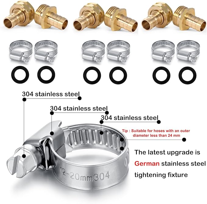 Solid Brass Garden Hose Repair Connector with Clamps Hose End Repair Kit,Fit for Male and Female Hose Fittings (5/8"-3 Set)