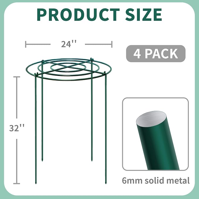 4 Sets Peony Support Cage,24"Diax32"High Heavy Duty Metal Plant Support,Grow Through Hoops Grids with 4 Thickened 6mm Legs,Strong Support Brace for Heavy Blossoms,Flower Support Ring for Peonies,Rose