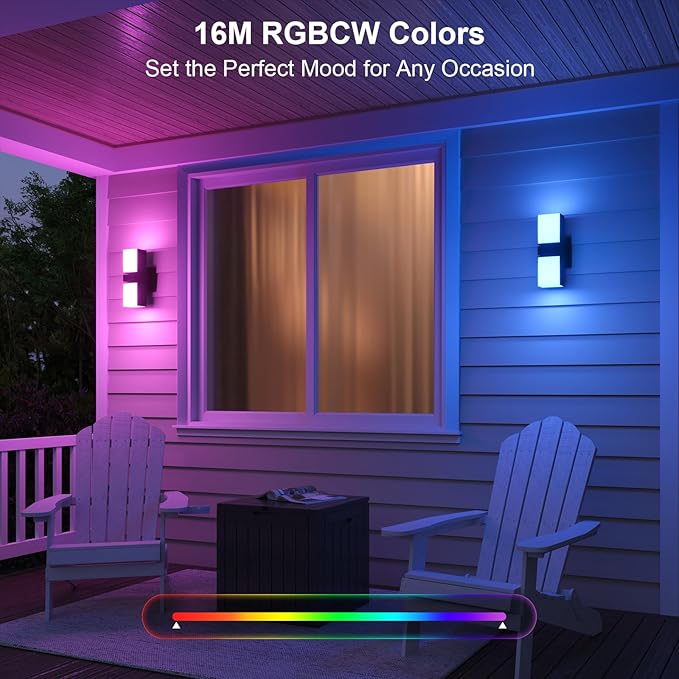 XMCOSY+ Outdoor Wall Lights, 1400LM RGBCW Smart Porch Lights Outdoor with 32 Scene Modes, 350° Adjustable Dual-Head Wall Sconce, IP65 Waterproof, Compatible with Alexa and Google Assistant, 2 Pack