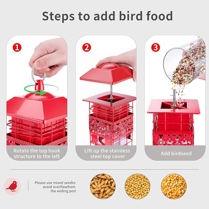 Squirrel Proof Bird Feeder, Weight-Activated Metal Bird Feeders for Outdoors Hanging, 4 Feeding Ports for Finches, Cardinals & Chickadees, 2.8LB Large Capacity Wild Bird Feeder, Red