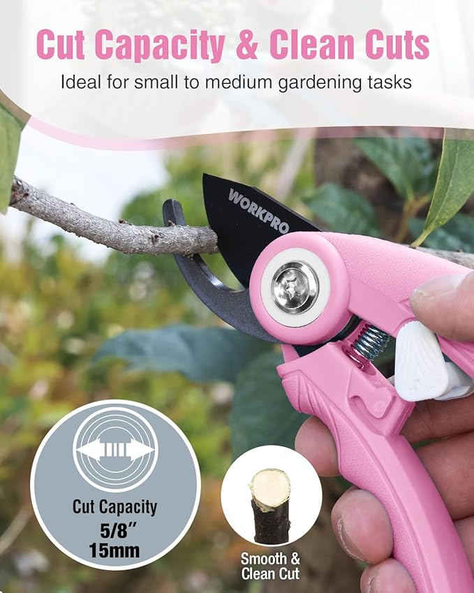 WORKPRO 6.9" Bypass Pruning Shears, Garden Shears with Sharp SK5 Steel Blade, Handheld Garden Floral Clippers Gardening Scissors for Rose, Plants, Flowers, Gardening Gifts for Women & Men-Pink Ribbon