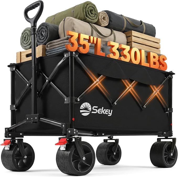 Sekey 150L Wagons Carts Foldable with Big All-Terrian Beach Wheels, Collapsible Heavy DutyWagon, Extra Large Folding Wagon,Foldable Wagon for Camping, Garden, Sports. Black