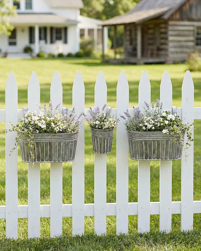 Galvanized Metal Railing Planter for Outdoor Plants - 6 Pack Balcony Hanging Flower Pots with Detachable Hooks and Drain Holes Oval Bucket Rail Box Fence Planters for Home Garden Decor (11 & 4 Inch)