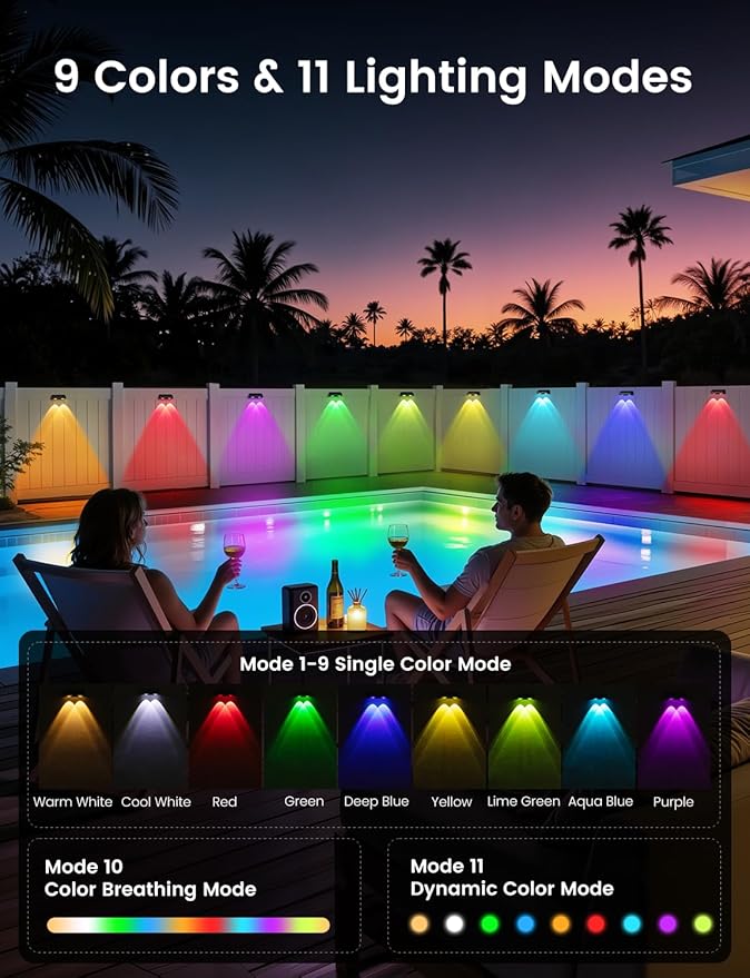 Solar Fence Lights 8 Pack 9 Colors & 11 Lighting Modes Solar Wall Lights Outdoor Waterproof IP65 RGB Color Changing Fence Lights Solar Powered for Garden Yard Patio Deck Step Patio Wall