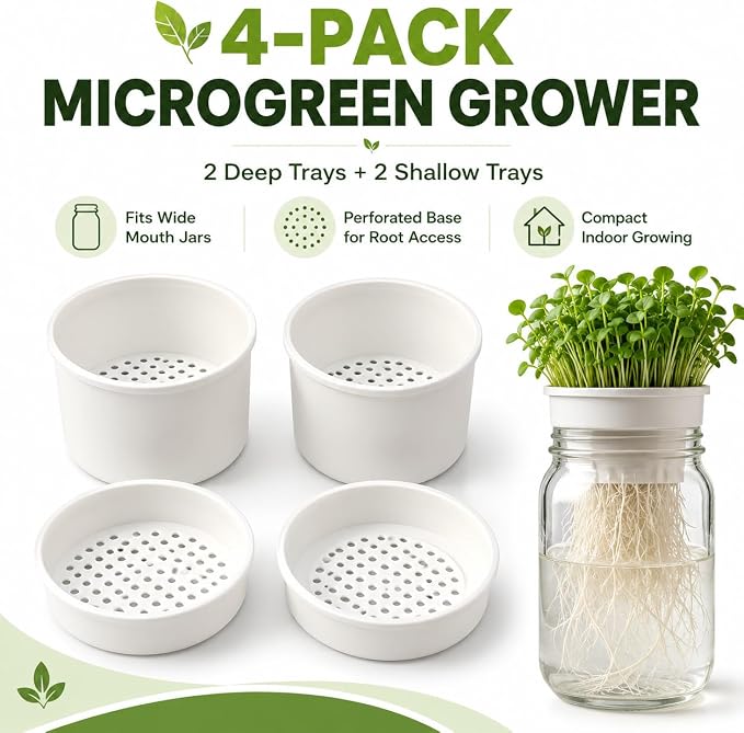 Microgreens Growing Kit for Wide Mouth Mason Jars, 4-Pack Deep & Shallow Hydroponic Growing Trays for Indoor Kitchen Gardening, Reusable Trays for Sprouts, Herbs, Pea Shoots