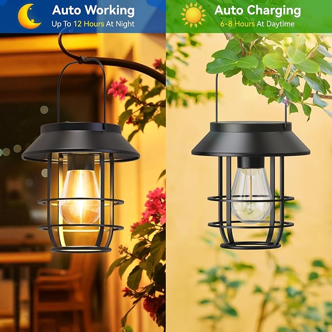 Solar Lanterns Outdoor Waterproof, High Brightness Hanging Solar Lights for Outside with Wall Hooks, Halloween Decor Retro Metal Outdoor Lanterns Auto On/Off for Patio, Yard Decor, Black, 4Pack