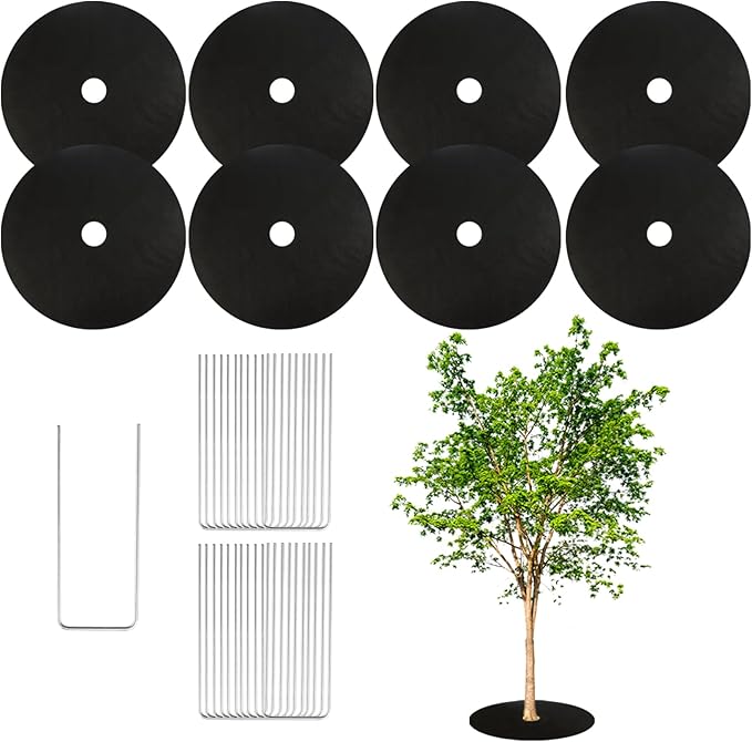 8 Pack Non-Woven Tree Mulch Ring 20.5 Inch, Round Mulch Ring Tree Protector Mat with 20 Garden Stakes, Reusable Heavy Duty Weed Barrier Fabric for Weed Control Root Protection