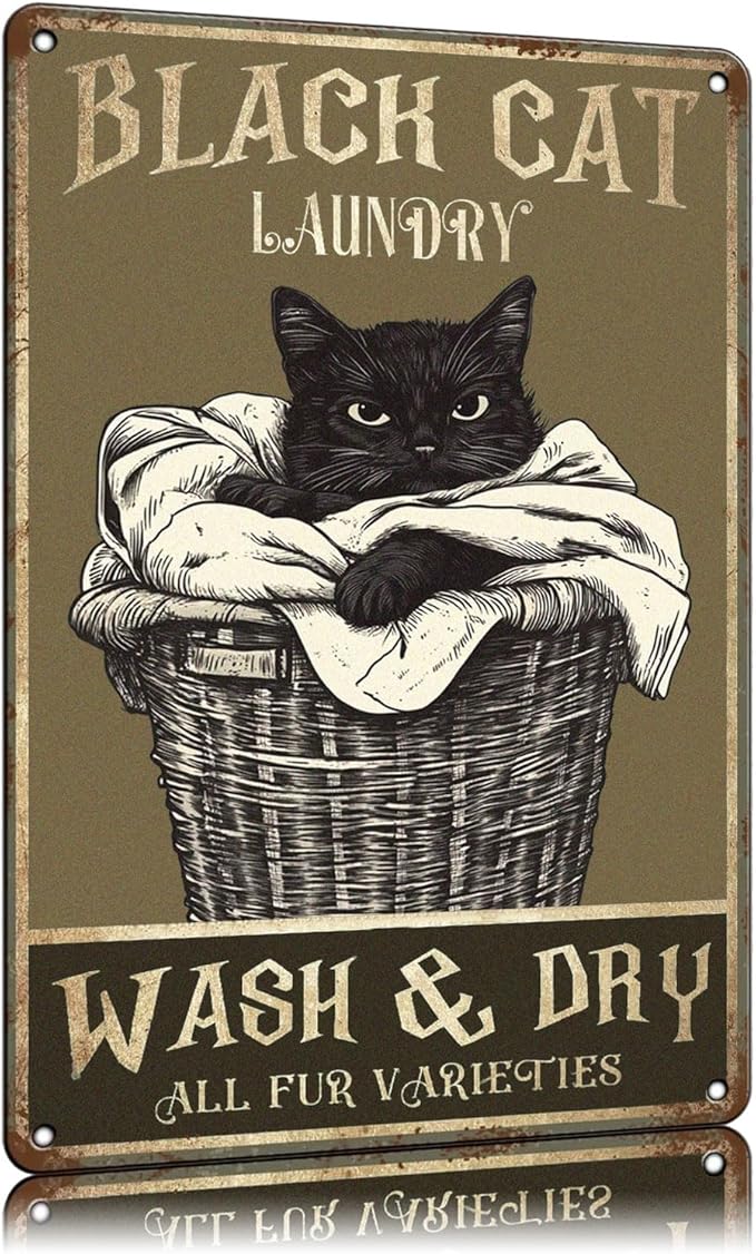 Vintage Cat Tin Signs Black Cat Launday Wash & Dry All Fur Varieties Metal Sign Wall Decor for Bathroom Toilet Home Cafe Bar 12×8 Inch