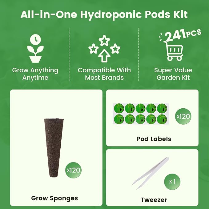 241Pcs Hydroponic Pods Kit, Compatible with AeroGarden, Grow Anything with 120Grow Sponges, 120Labels & 1 Tweezers, Indoor Hydroponic Supplies for Vegetables Herbs Lettuce