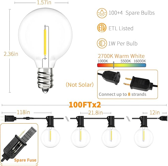Svater Outdoor String Lights 200 FT, Patio Lights with 104 Shatterproof LED Bulbs, Commercial Grade Waterproof Plastic Hanging Light for Bistro Backyard Cafe Market, Warm White 2700K (2 X 100 FT)