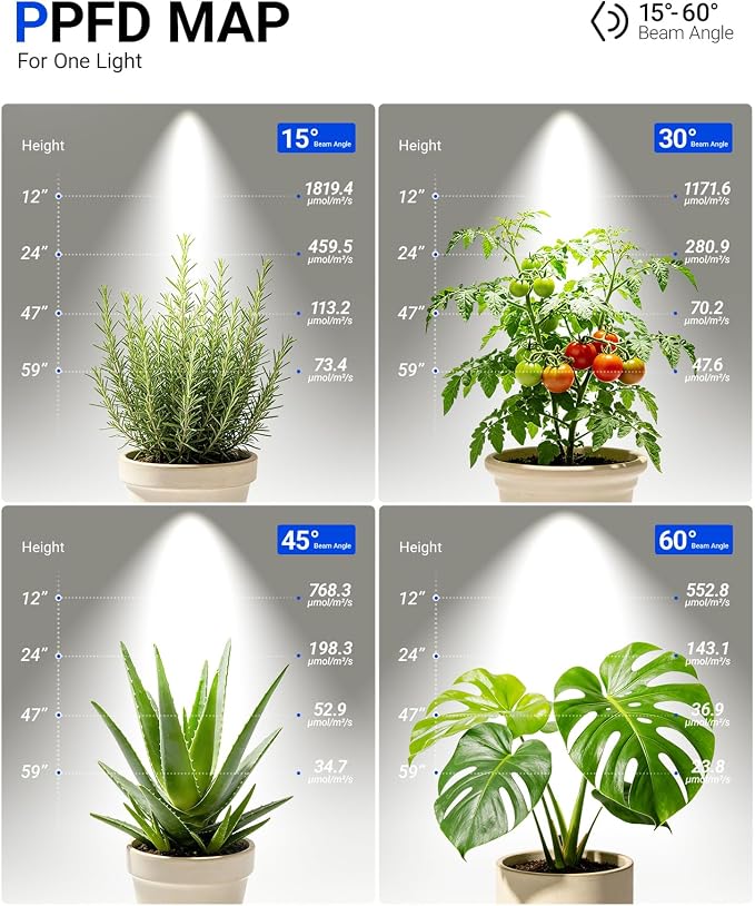 Barrina TR40a Track Grow Light for Indoor Plants, 40W Wall-Mounted Grow Bulbs with Adjustable Beam Angle (15°-60°), 5000K Full Spectrum Plant Spotlight with Timer & 16.4' Power Cord, 1-Pack