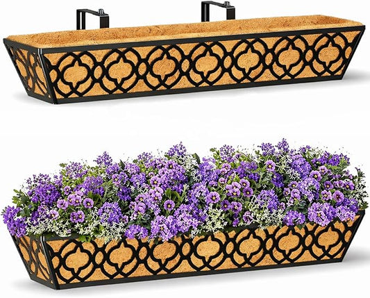 2 Pack 30 Inch Railing Planter Box with Coco Liner, Adjustable Metal Window Box Planter for Balcony Deck Fence, Hanging Flower Basket for Outdoor Garden, Black