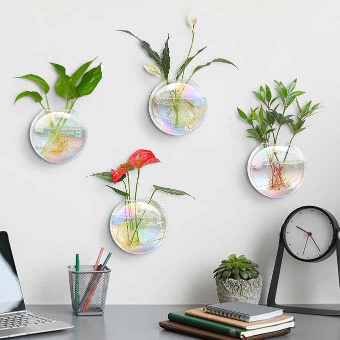 Kingbuy Wall Hanging Glass Planters Propagation Station - 4 Pack Iridescent Oblate Globe Flower Vases for Air Plants, Glass Terrariums with Floating Holders, Boho Indoor Hydroponic Home Office Decor