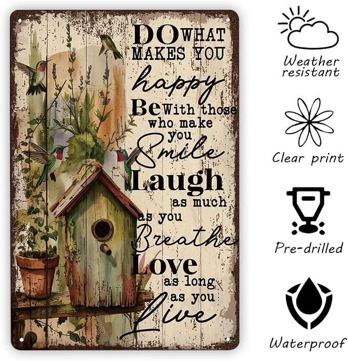 Floral Wall Art, Do What Makes You Happy Sign, Inspirational Metal Sign for Garden Yard Decor, Outdoor Balcony Decor, Gardener Gift, Vintage Metal Tin Signs 11.8 * 7.9inches