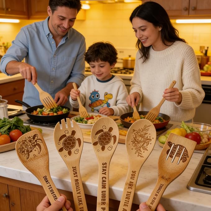 5Pcs Unique Sea Turtle Print Bamboo Spoon for Cooking - Wooden Spoons with Keychain Turtle Decor Kitchen Utensils Gifts for Women Mom Couple Wife Hostesses House Warming
