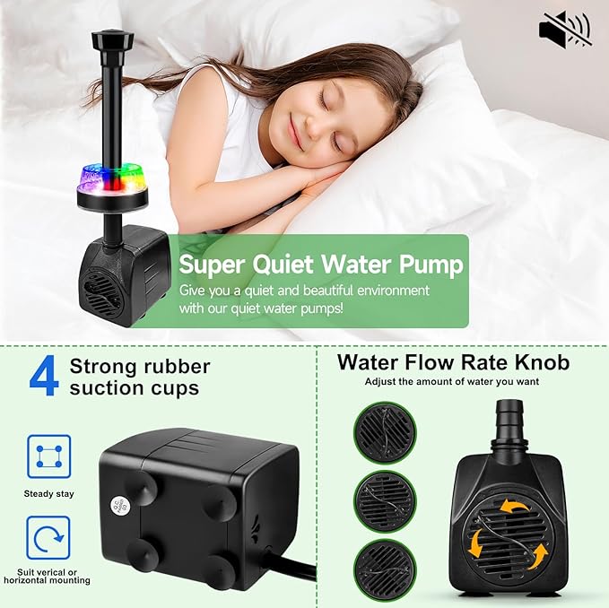 15W 800L/H Submersible Pond Fountain Pump with LED Lights, Ultra Quiet Water Pump, Pond Fountain Pumps for Small Pond, Koi, Garden, Aquariums, Fish Tanks, Indoor Outdoor Fountain 3 Type Nozzles