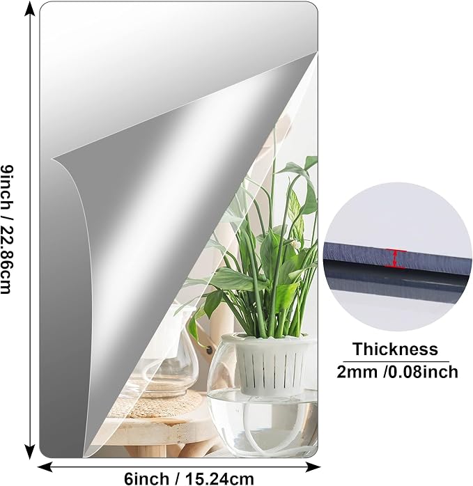 JUNEBRUSHS 4 Pack Self Adhesive Acrylic Mirror, 6X 9 Inch Mirror Tiles,Flexible Plastic Mirrors Sheets Wall Stickers,2MM Thick Mirrors,Frameless Small Mirror
