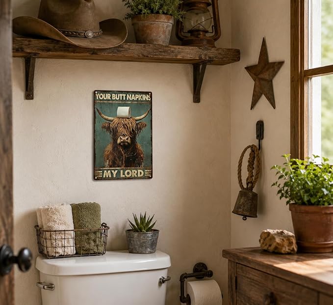 Funny Highland Cow Metal Sign, Vintage Bathroom Humor Wall Decor, Your Butt Napkins My Lord Retro Plaque for Toilet Restroom Farmhouse Home Decor 8x12 Inch