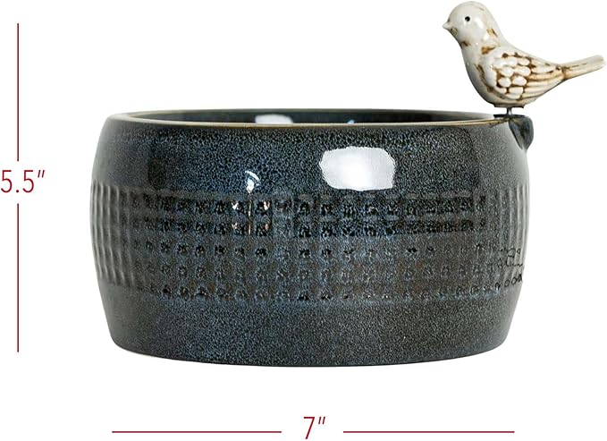 Foreside Home and Garden 8.86" Blue Porcelain Perched White Bird Natural Pebbles Fountain w/LED Lights All Seasons Spring Summer Living Room Coffee Table Kitchen Dining Dinner Table Office Bedside