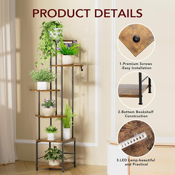 Homsorout Plant Stand Indoor with Grow Light - 6-Tier Metal Plant Shelf with Hanging Basket Hook, Corner Tall Flower Holder for Multiple Plants, Living Room Balcony Garden Patio, Rustic