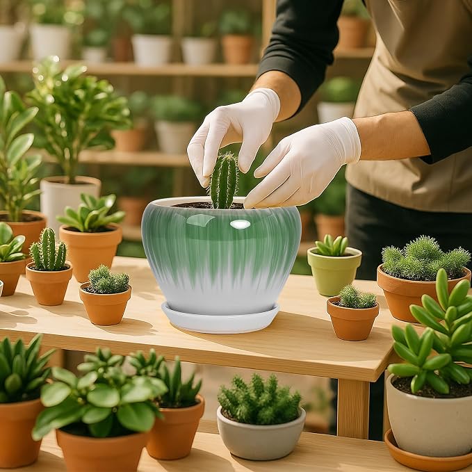 Deep Dream 6 Inch Plant Pots- Ceramic Planter Pot with Drainage Hole and Saucer, Round Flower Pot for Indoor Outdoor Succulent, Snake Plants and Cactus, White&Green