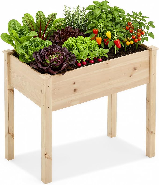DUMOS Raised Garden Bed with Legs, 34x18x30 Inch Planter Box Outdoor with Liner for Herbs Flowers Vegetables, Elevated Wooden Garden Bed for Patio, Balcony and Backyard, Natural Wood