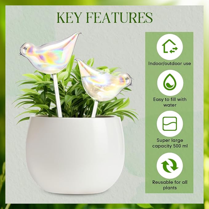 Qinyoung 2 Pack 17oz Bird Shaped Plant Watering Globes Large Clear Glass Self Watering Globes Planter Insert Spikes Drip Devices Rainbow Color Watering Bulbs Irrigation System Gifts for Plant Lover