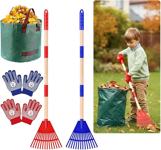 2 Pack Kids Adjustable Leaf Rake Set – 28" to 34" with Detachable Wooden Handles, Lightweight Plastic Head, Designed for Kids, Includes 2 Pairs of Gloves & Leaf Bag (Red/Blue)