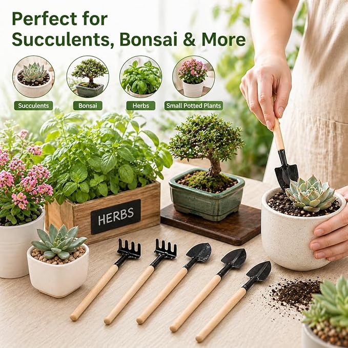 Garneck 8 Sets Mini Gardening Tools with Metal Rake Trowel and Shovel - Succulent Potting Planting Kit for Indoor - Small Gardening Tools for Cultivating Weeding Transplanting