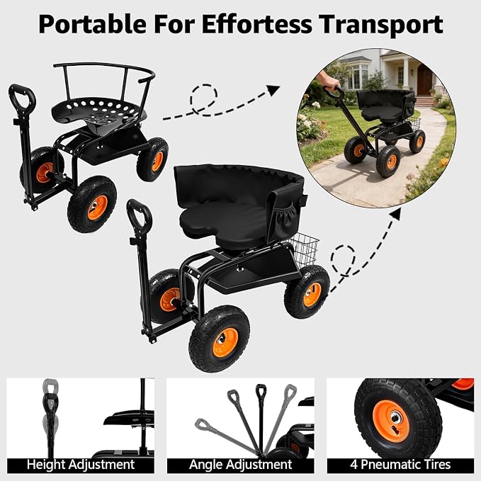 Garden Seat with Wheels, 400lbs Rolling Garden Stool, with Height Adjustable & 360° Swivel Seat, Tool Tray & Storage Basket, Outdoor Gardening Scooter, Garden Cart Workseat for Yard, Patio