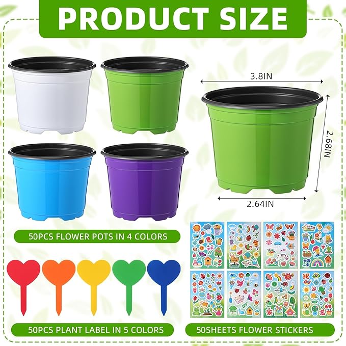 50 Sets Garden Pot Craft Kit, Flower Plant Spring Craft Including Plastic Nursery Plant Pots Labels Tags Stickers for DIY Flower Planting Growing Birthday Arts Kit (Fresh)