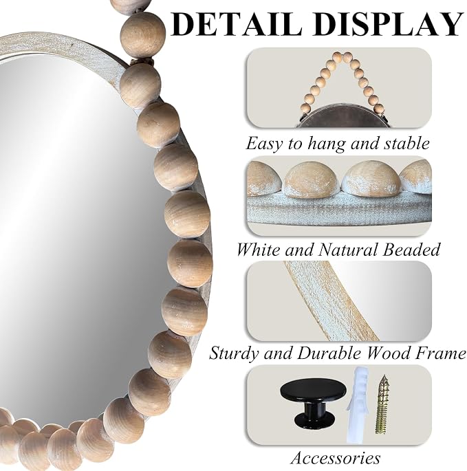 POZINO Wood Beaded Round Mirror, 24" Farmhouse Hanging Rustic Mirror with Rope, Spherical Frame Circle Wall Mirror for Bathroom Bedroom Living Room Hallway Entryway Fireplace
