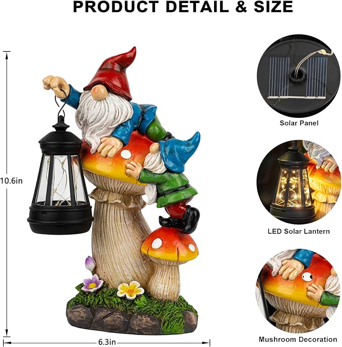 C&Y&G&X Solar Garden Gnome Statue, Waterproof Outdoor Mushroom Decor with Solar Lantern LED Lights, Resin Garden Gnome Yard Art for Lawn Patio Porch, Gifts for Mom Grandma Garden Lovers