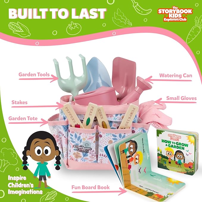 Kids Gardening Set – Toddler Gardening Kit Includes Watering Can for Kids, Shovel, Rake, Plant Stakes, Kids Gardening Gloves, Tote Bag & STEM Learning Gardening Guide Book - Pink Garden Tool Set