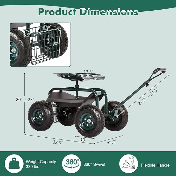 J-Sun-7 Garden Cart with Seat - Steel Rolling Garden Scooter Stool with Wheels, 360 Degree Swivel Work Seat, Adjustable Handle, Tool Tray, Basket, Gardening Stools for Seniors, Green