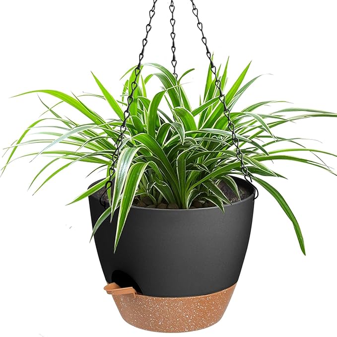 Vanslogreen Hanging Planters for Indoor Outdoor Plants, 1 Set Self Watering Hanging Pot with Drainage Holes & Removable Tray, Black, 12 Inch