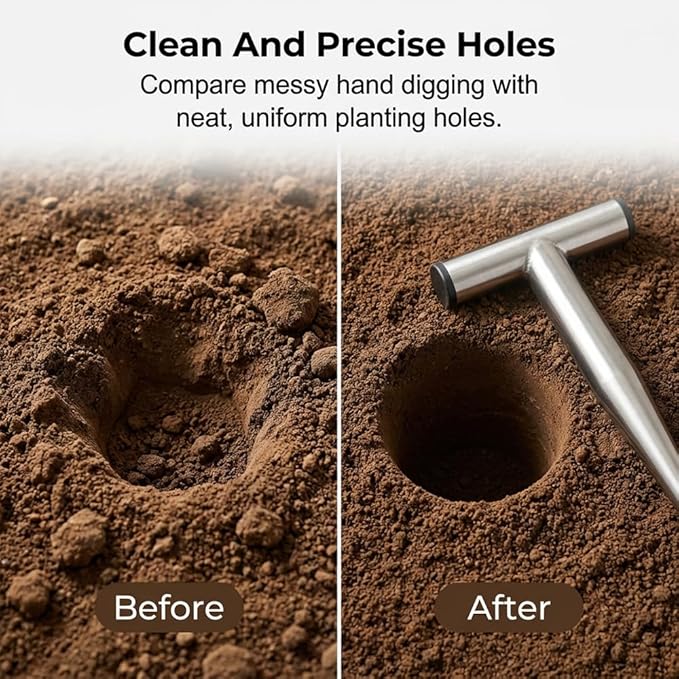 Plant Hole Digger for Planting, 2026 New T Wooden Handle, Seed Planter Tool for Plant Labels, for Self Watering Stakes, Hand Held Bulb Planter for Tulip Daffodil Crocus Garden Tool (S Solid)