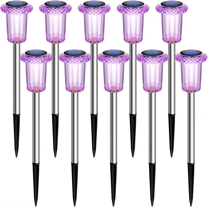 DenicMic Solar Halloween Lights Outdoor 10 Pack Waterproof Outside Lights for Yard Pathway Garden Driveway Walkway Landscape Path Lighting Purple LED Stainless Steel Stake Halloween Decor