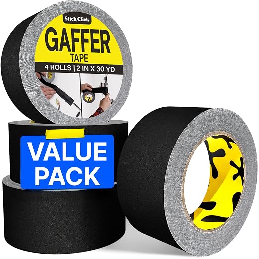 4-Pack Black Gaffers Tape - 2 inch x 30 Yards - Pro Water-Resistant Black Gaff Tape for Cables, Matte, Non-Reflective, Easy Tear by Hand, No Residue, Stage Marking, Photography, Audio, Video Setup
