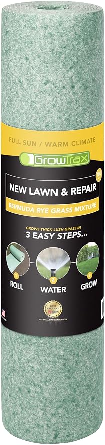Growtrax Biodegradable Grass Seed - 100 SQFT Bermuda Rye - Grass Seed and Fertilizer for Lawns, Dog Patches & Shade - Just Water & Grow - No Fake or Artificial Grass