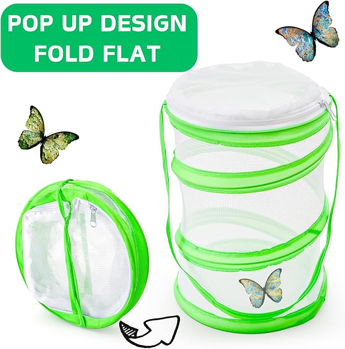 ZENFUN 8 Pieces Butterfly Kit, 4 Pcs Insect and Butterfly Habitat Cage with 4 Pcs Bug Catcher, Insect Mesh Cage, Caterpillar Enclosure, Butterflies Habitat, Terrarium Pop-up(Orange, Green)