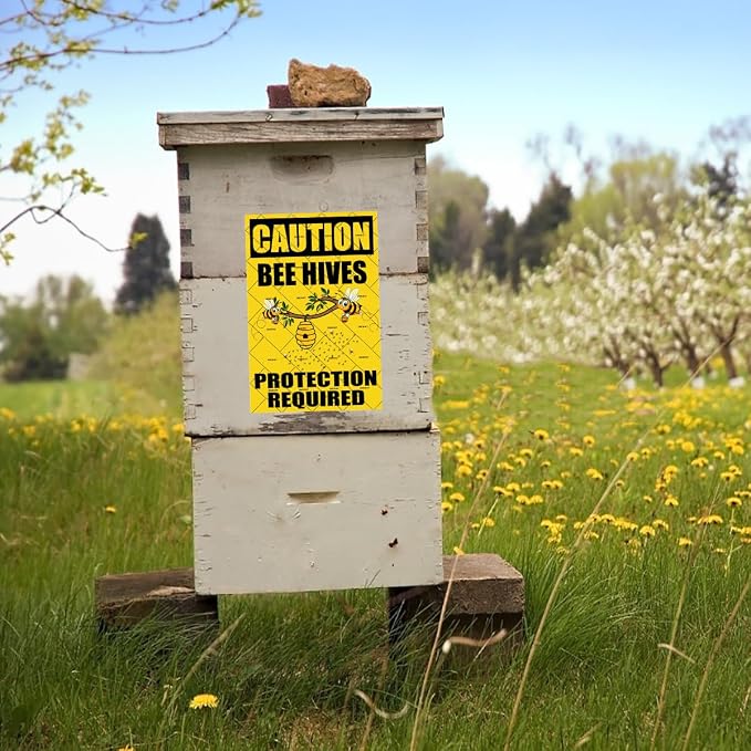 EMOHAT Caution Bee Hives Protection Required Metal Tin Sign, Beekeeping Apiary Warning Sign, 16x12 Inch Rustic Outdoor Theme Decor for Shed Garden Home Office