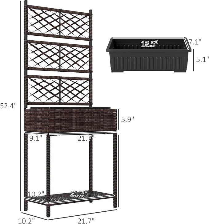 Outsunny Raised Garden Bed with Trellis, Outdoor Wicker Planter, Freestanding Rattan Planter Stand with Storage Shelf for Climbing Plants, Flowers, Herbs, Vegetables, Brown