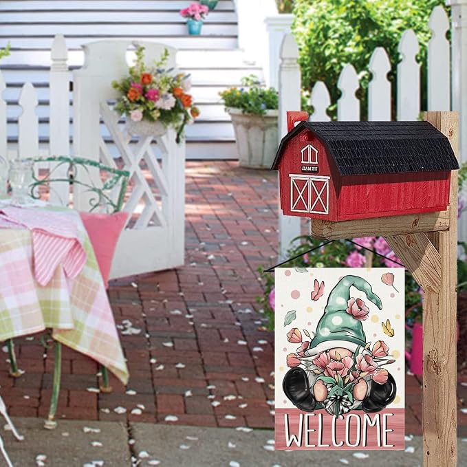 Spring Welcome Garden Flag 12.5 x 18 Inch Gnome with Floral Decorative Double Sided Burlap Flag For Seasonal Farmhouse Yard Outdoor Decor