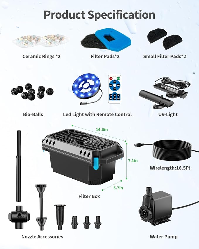 POPOSOAP Pond Filter with U-V Clarifier, 660GPH 40W Pond Pump and Filter Kit with RGB LED Lights, All-in-One Pond Fountain for Outdoor Ponds Up to 1300 Gallons P2360