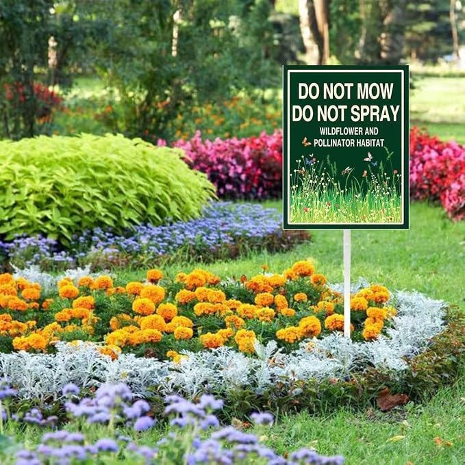 Do Not Mow Do Not Spray Yard Sign,Wildflower Pollinator Habitat Yard Sign With Stakes(8x12in),Rustproof Aluminum Pollinator Friendly Garden Sign Stand Outdoor