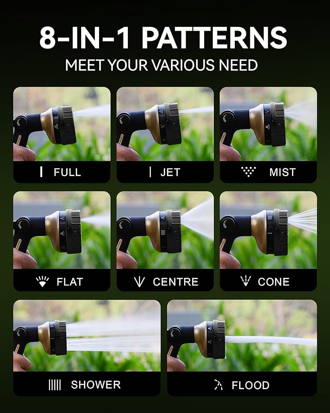 RAINPOINT 100% Metal Hose Nozzle Heavy Duty - 8 Spray Patterns Garden Hose Nozzle with Adjustable Flow Control for Watering Plants, Washing Cars,Washing Pets, Thumb Control (Black)